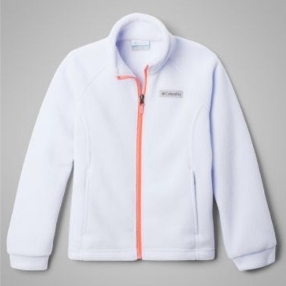 Columbia White Fleece Jacket with Coral Accent Zipper